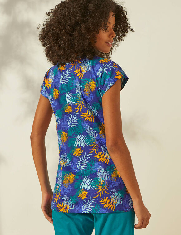 T-shirt de pyjama en coton manches courtes - imprimé tropical (bleu / safran)