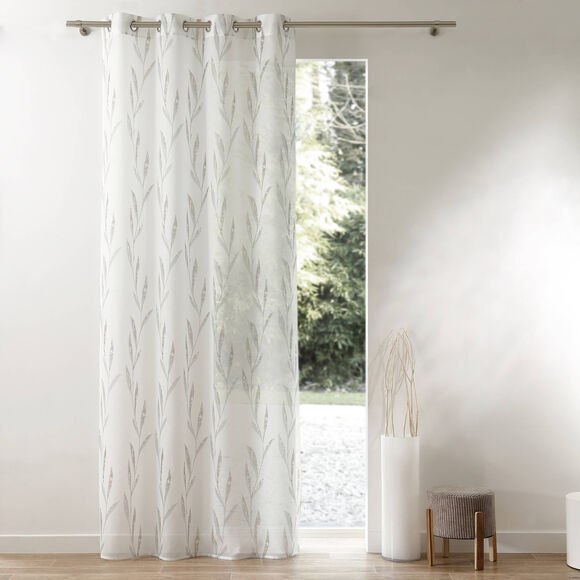 Panneau voilage imprimé végétal - finition oeillets (blanc / taupe)