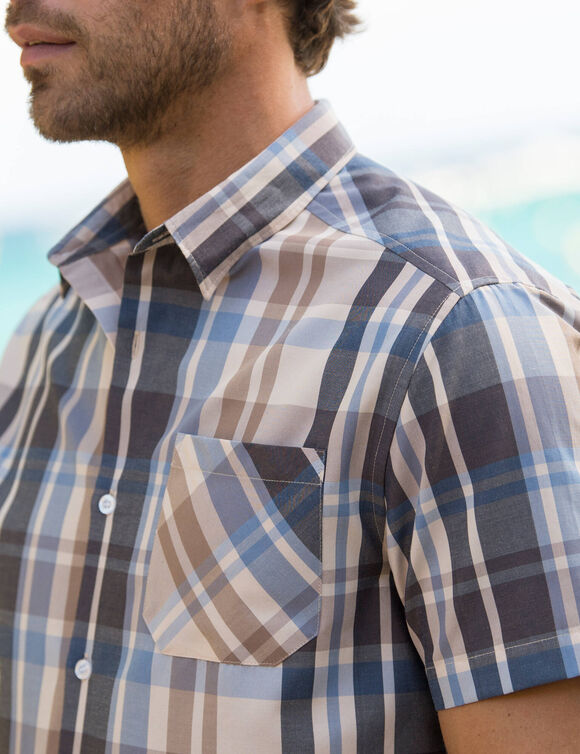  Chemise grands carreaux manches courtes polycoton (bleu / beige)