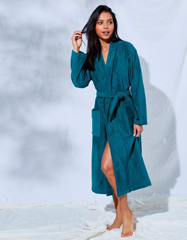 Unisex badjas voor volwassenen, veloursbadstof met sjaalkraag (pauwblauw)