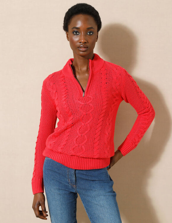 Pull col montant zippé, maille torsadée (rouge)