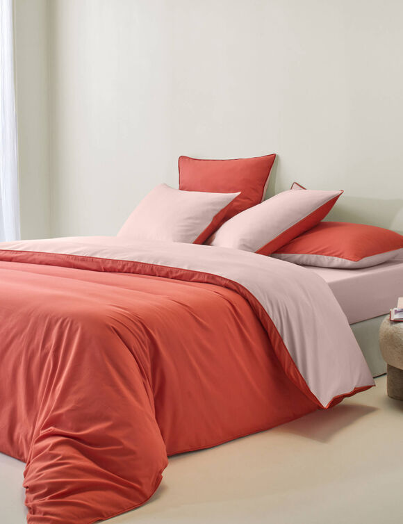 Effen, tweekleurig bedlinnen in katoen (pompoen / poederroze)