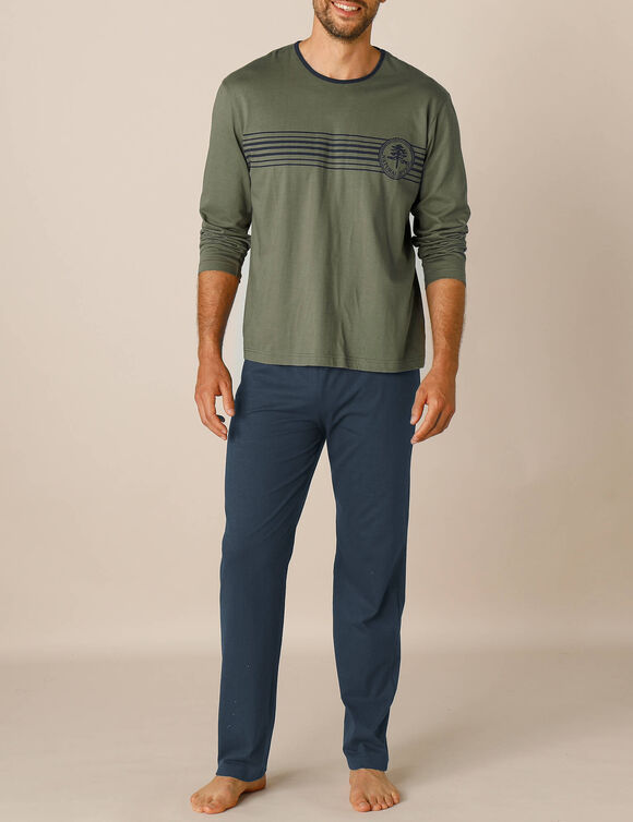 Pyjama pantalon jersey coton manches longues (kaki / marine)