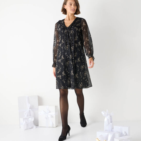 Robe bicolore à plis, imprimé feuilles (noir / beige)