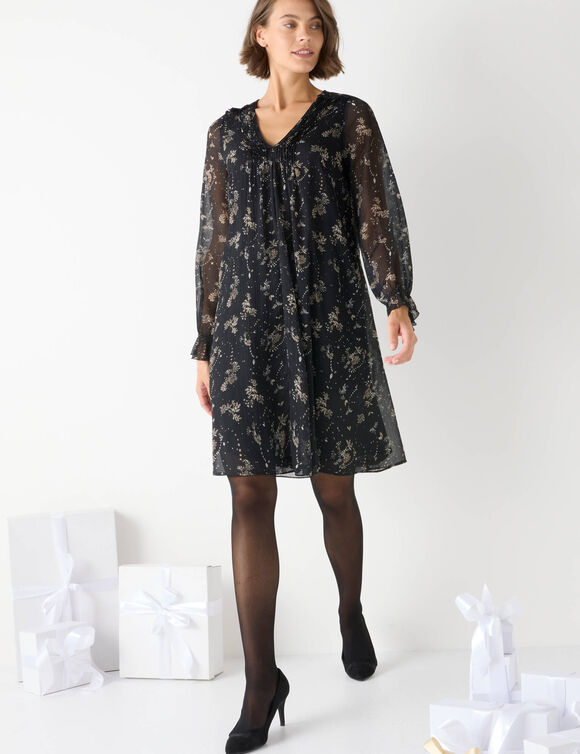 Robe bicolore à plis, imprimé feuilles (noir / beige)
