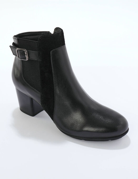 Elastische, leren boots in 2 materialen, met gesp en hak (zwart)