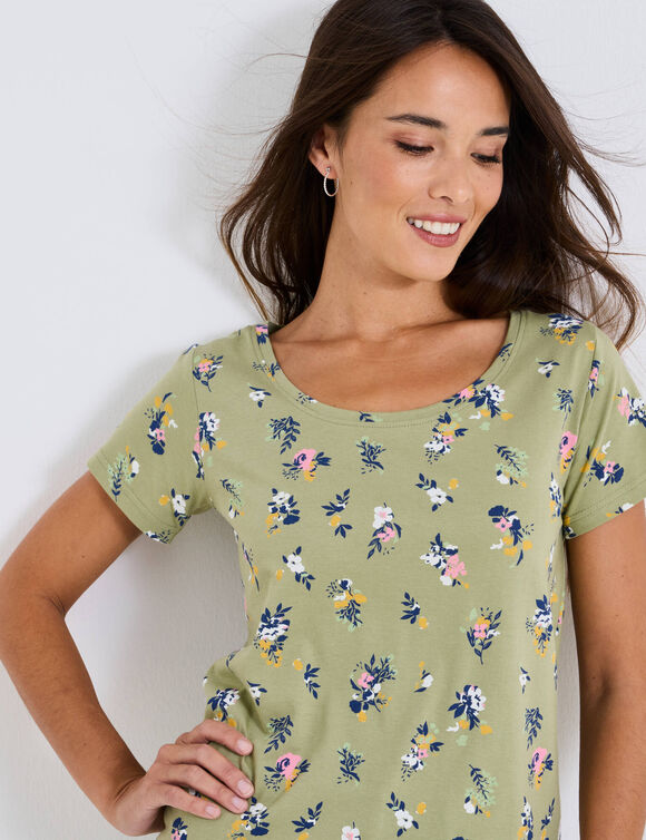 T-shirt col rond imprimé fleuri coton (kaki clair)
