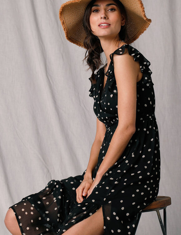 Robe longue cache-coeur sans manches voile imprimé (noir / écru)