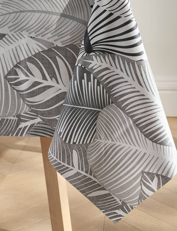 Nappe toile cir&eacute;e imprim&eacute; grandes feuilles (gris)