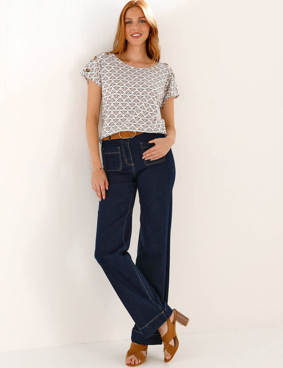 T-shirt col rond imprim&eacute; minimaliste (blanc / kaki)