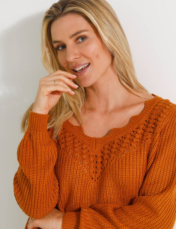 Pull détails ajourés, maille perlée (miel)