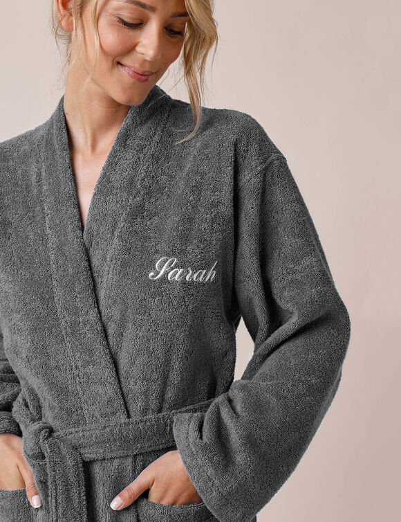 Peignoir mixte adulte uni coton éponge bouclette col kimono personnalisé (anthracite)