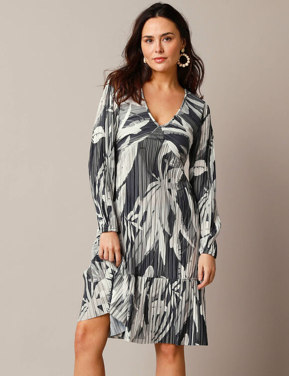 Robe courte imprimé fleuri, maille plissée (blanc / noir)