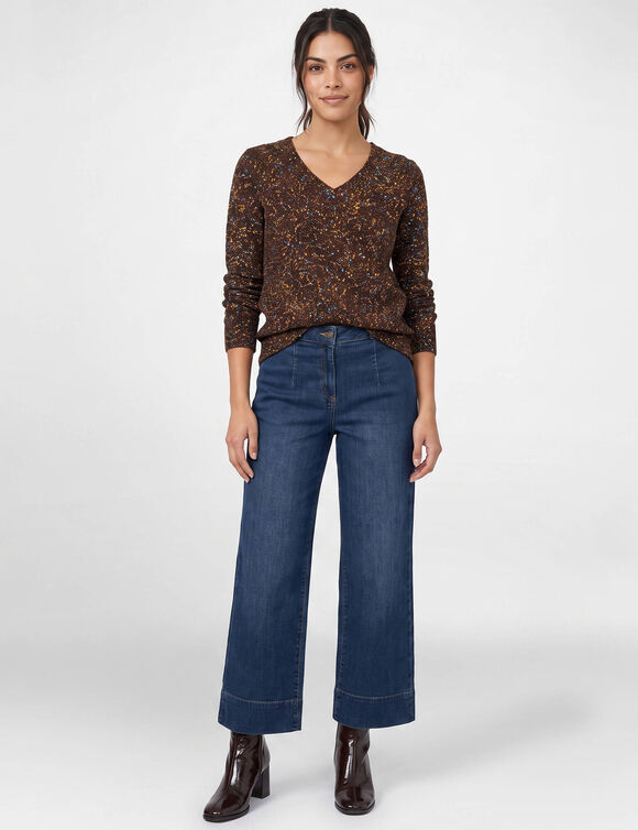 Pull col V volume loose, maille anglaise moulin&eacute;e (chocolat)