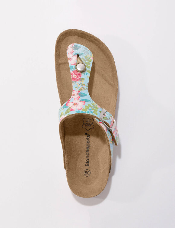 Sandales entredoigts imprimées, boucle réglable (turquoise)