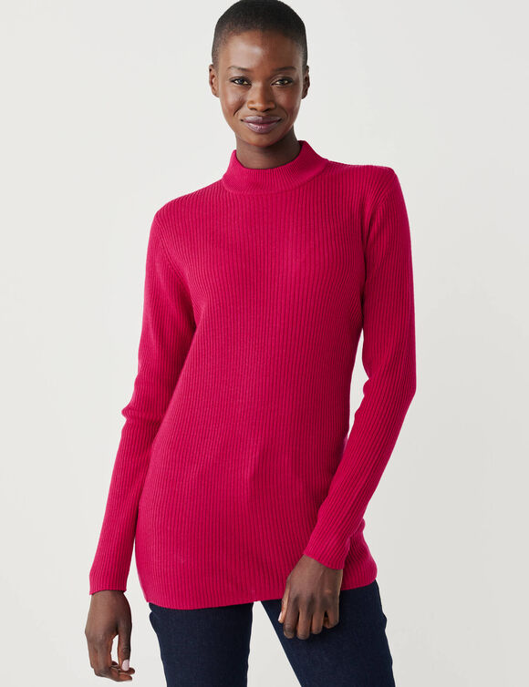 Pull col montant long, maille c&ocirc;tel&eacute;e (violine)