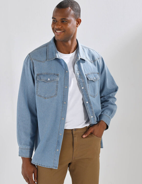 Chemise pressionn&eacute;e manches longues en jean (bleached)