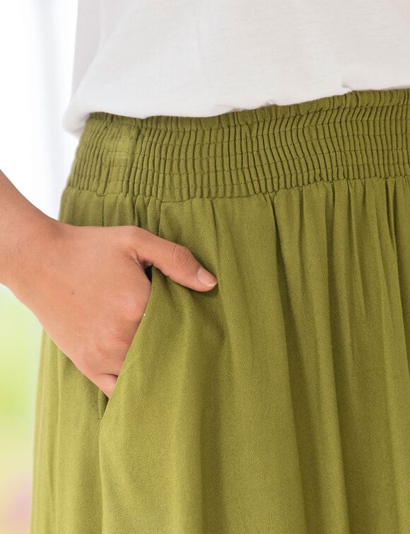 Jupe ceinture smockée unie, crépon (kaki)