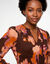 Robe longue volant&eacute;e, voile imprim&eacute; tachiste, taille smock&eacute;e (chocolat / rose)