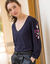 T-shirt brodé col V, manches 3/4 (indigo)