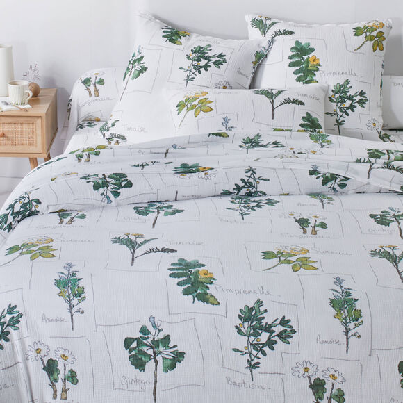 Linge de lit Botanic imprim&eacute; - double gaze de coton (blanc / vert)