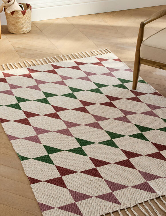 Tapis textur&eacute; imprim&eacute; g&eacute;om&eacute;trique (naturel / vert)