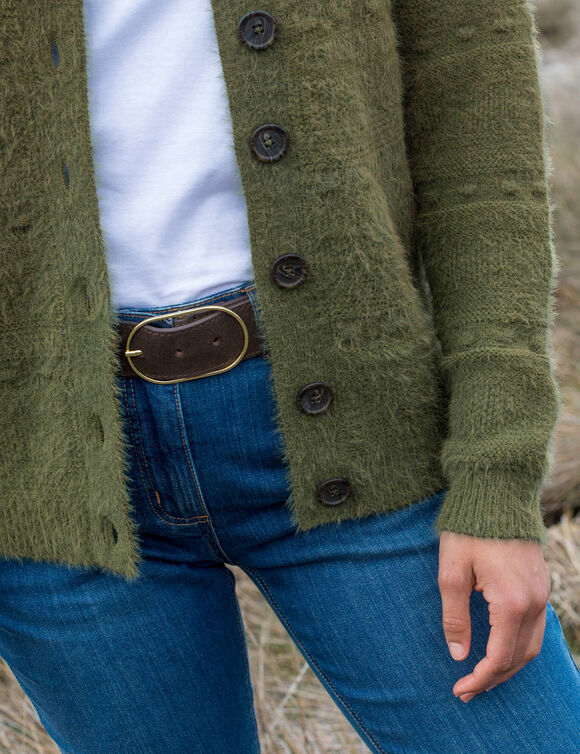 Cardigan boutonné maille poilue fantaisie (vert tilleul)
