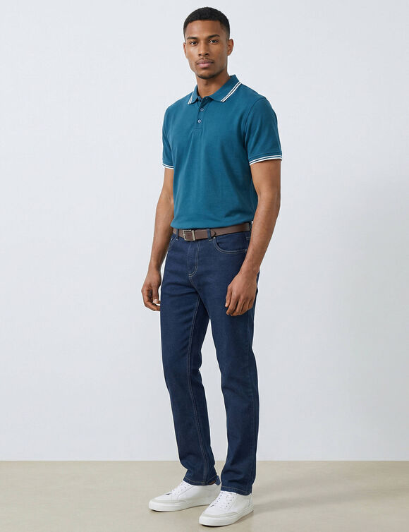 Effen polo met piqu&eacute;-structuur en korte mouwen (eendenblauw)