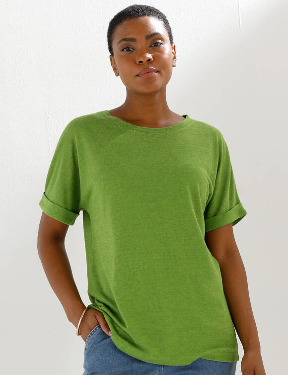 T-shirt col rond en lin m&eacute;lang&eacute;, manches courtes (vert)