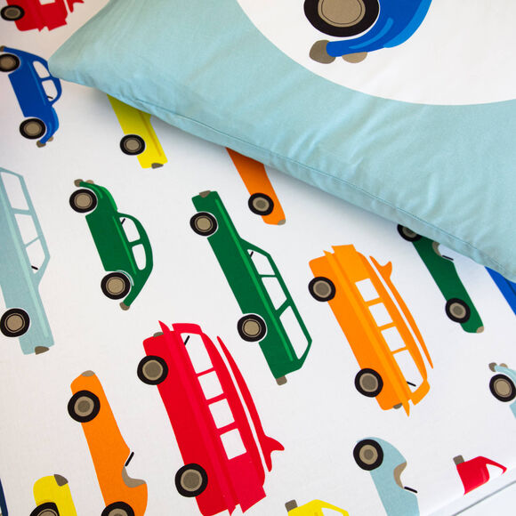 Bedlinnen voor kinderen Vroum, katoen - autoprint (wit)