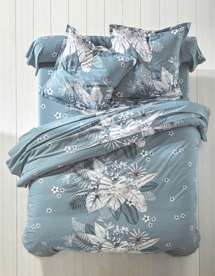 Linge de lit Elyse en coton imprimé fleurs et feuilles de palmes, bleu, hi-res image number 0