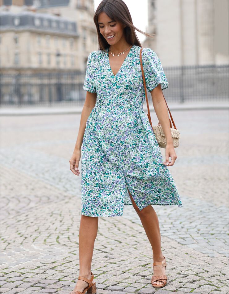 Robe fluide boutonnée imprimée (vert / bleu)