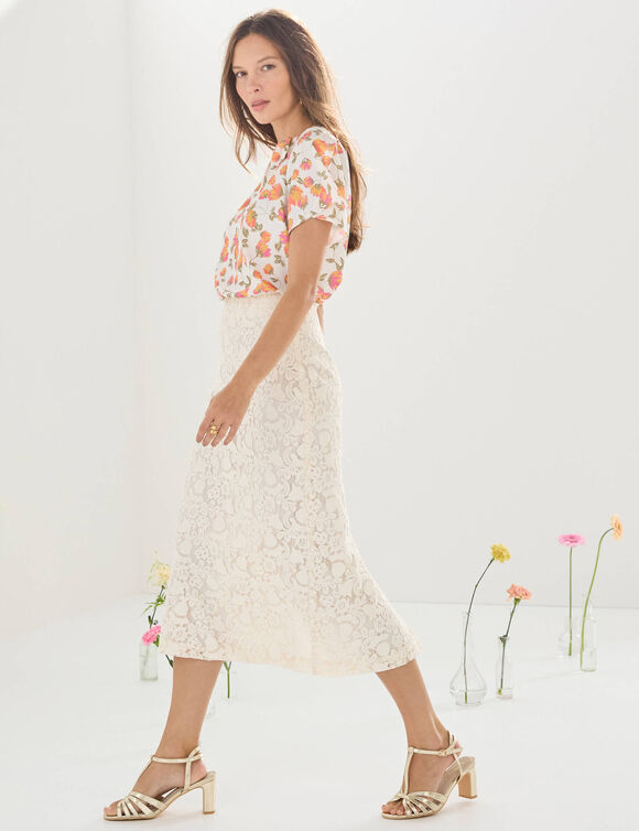 Jupe longue dentelle doubl&eacute;e, dos fendu (&eacute;cru)