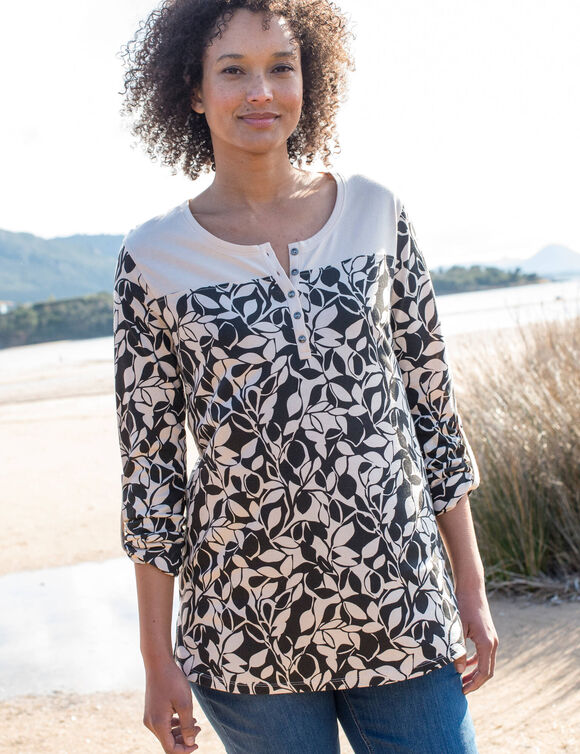 Tunique col tunisien manches longues, imprimé  (beige / noir)