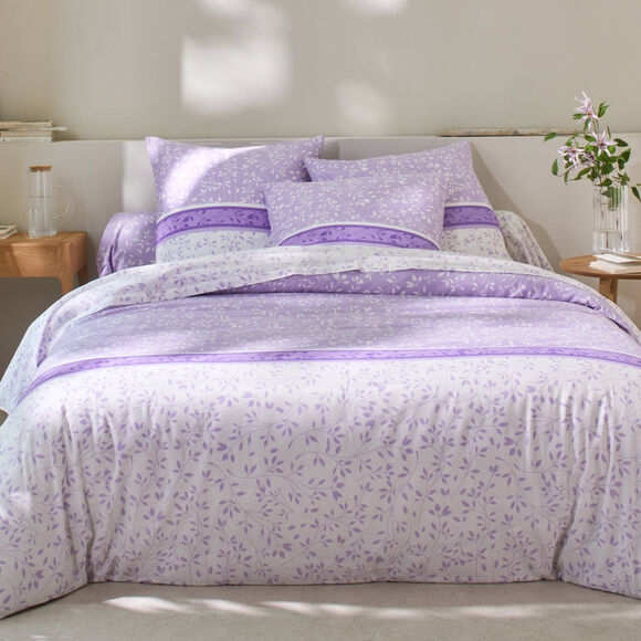 Linge de lit Constance en coton imprimé feuilles (parme)