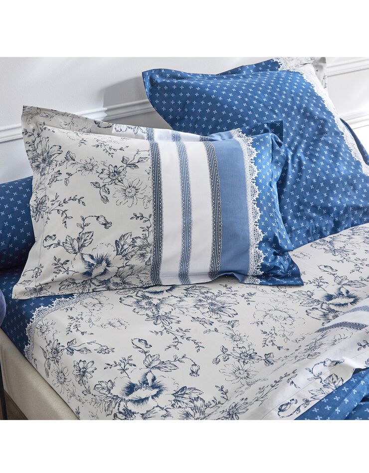 Linge de lit Gabrielle en coton imprimé pois, fleurs et dentelle, bleu marine, hi-res image number 2