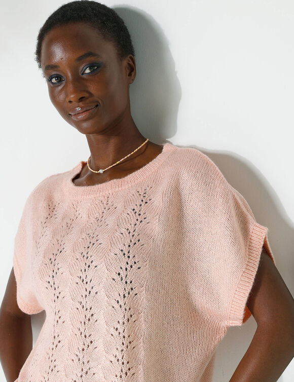 Pull manches courtes, maille ajourée (rose pâle)