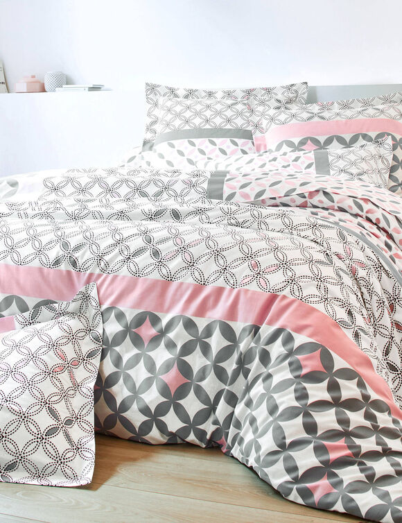 Linge de lit Marlow en coton motifs g&eacute;om&eacute;triques (gris / rose)