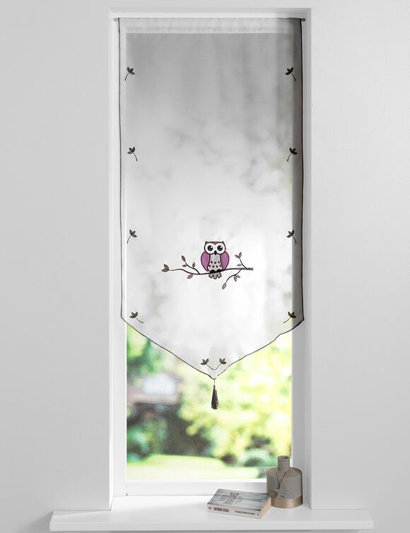 Vitrage brodé chouette forme pointe pompon finition passe-tringle (prune / gris)