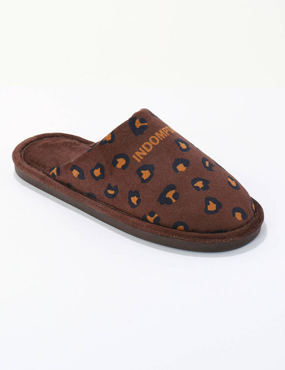 Mules met opdruk, luipaard-motief. (chocolade)