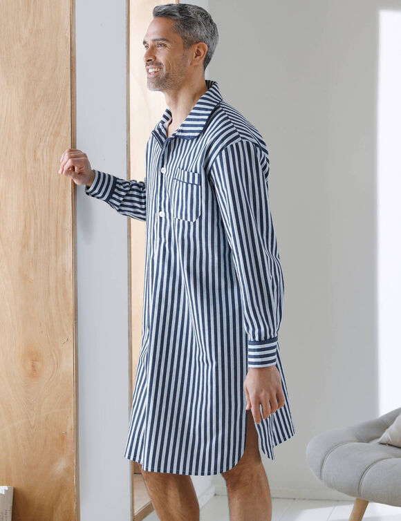 Liquette pyjama rayures flanelle coton (marine / &eacute;cru)