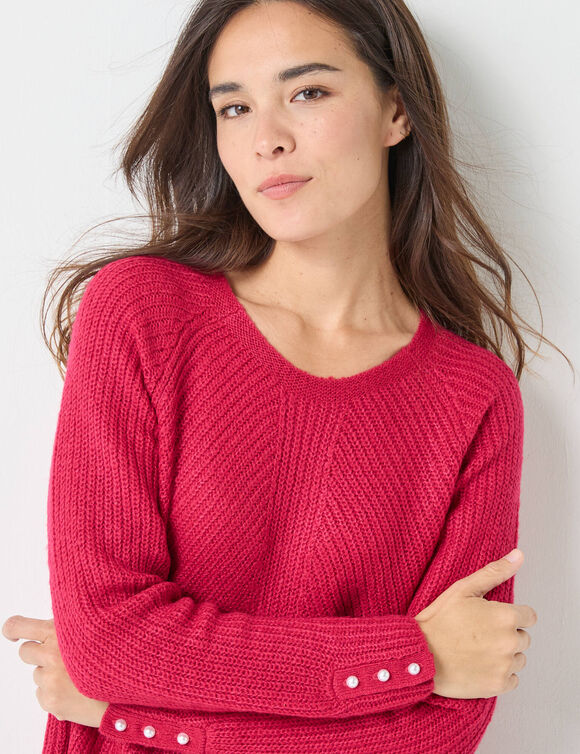 Pull évasé, maille anglaise toucher doux (framboise)