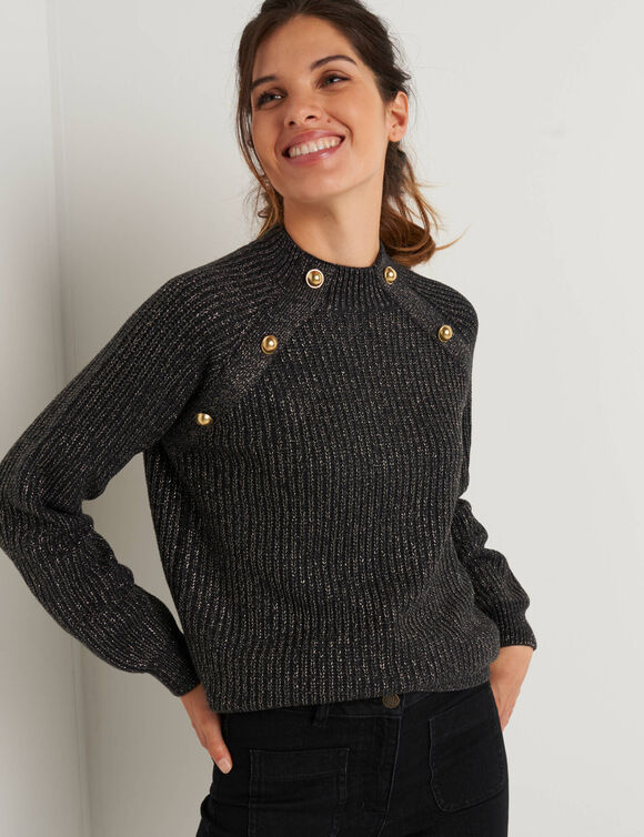 Pull boutonn&eacute; maille anglaise et fil brillant (anthracite chin&eacute;)