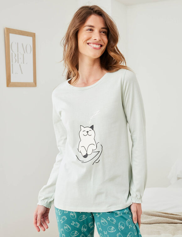 Pyjama motif "chat" manches longues volantées  (vert / céladon)