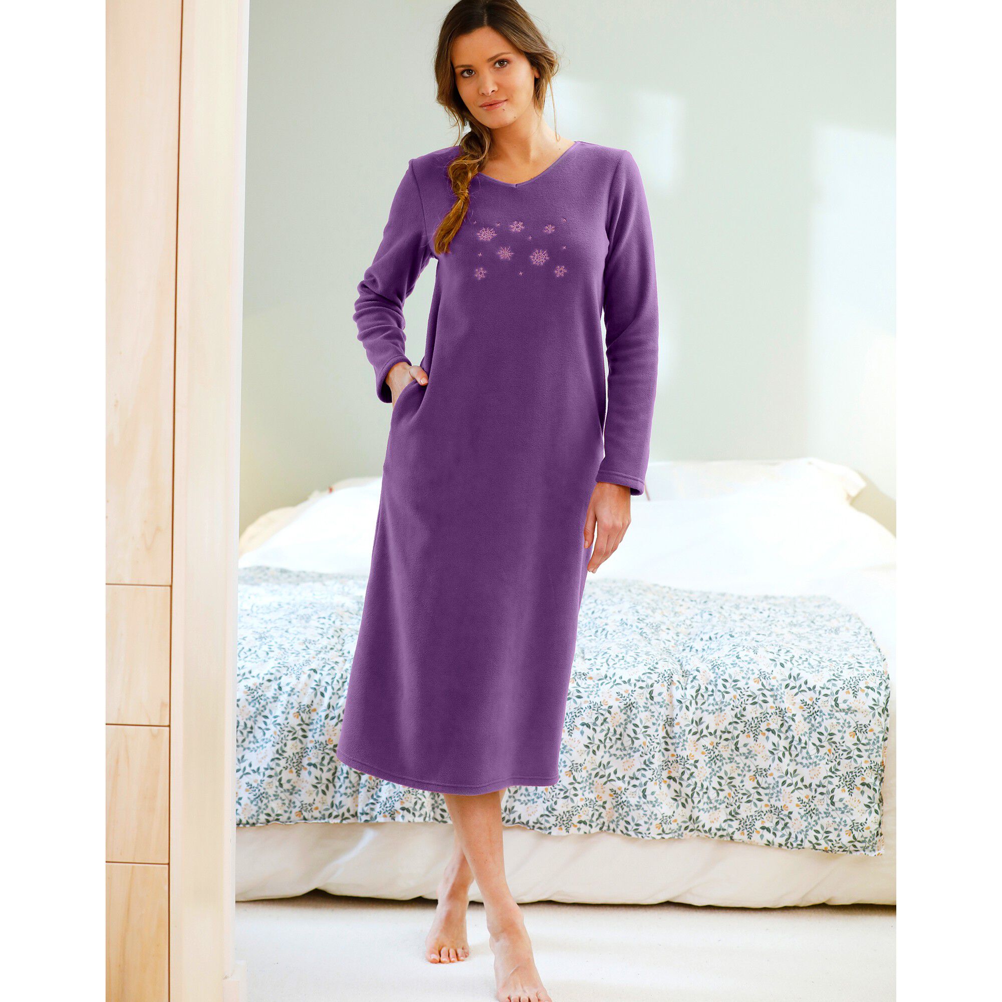 Crewhpo Pyjama Femme Hiver 2 Pièces - Ensemble Doux Col Rond Avec Poches S-XXL