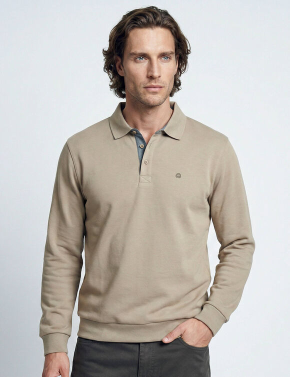 Sweat chaud col polo brod&eacute; poitrine maille c&ocirc;tel&eacute;e (beige)