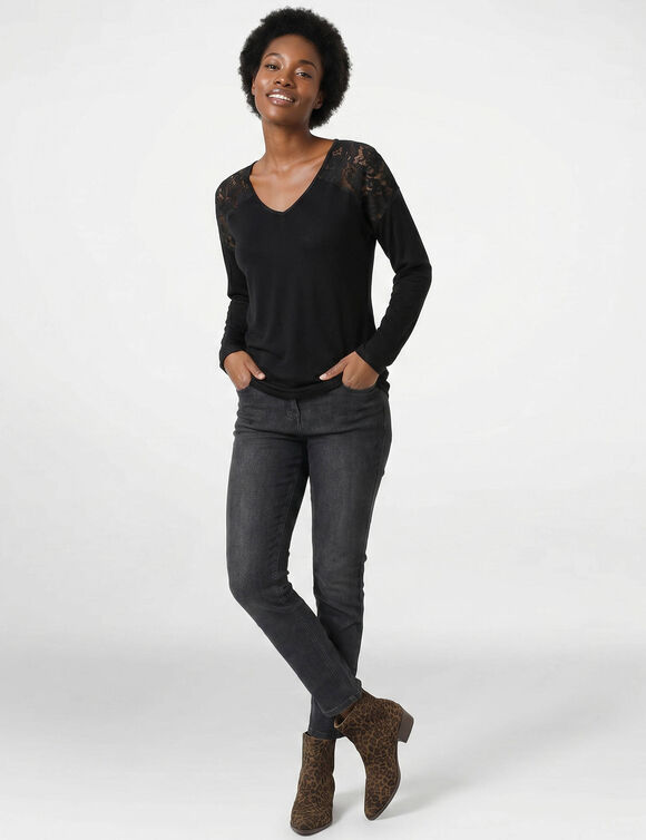 T-shirt col V manches longues dentelle (noir)
