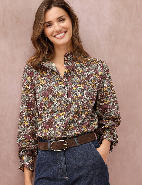 Chemise col officier volant&eacute;, manches longues, imprim&eacute; fleuri (chocolat / bordeaux)