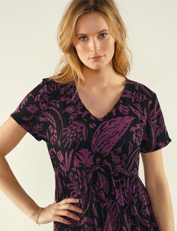 Robe longue imprimée col V, crépon (noir / prune)