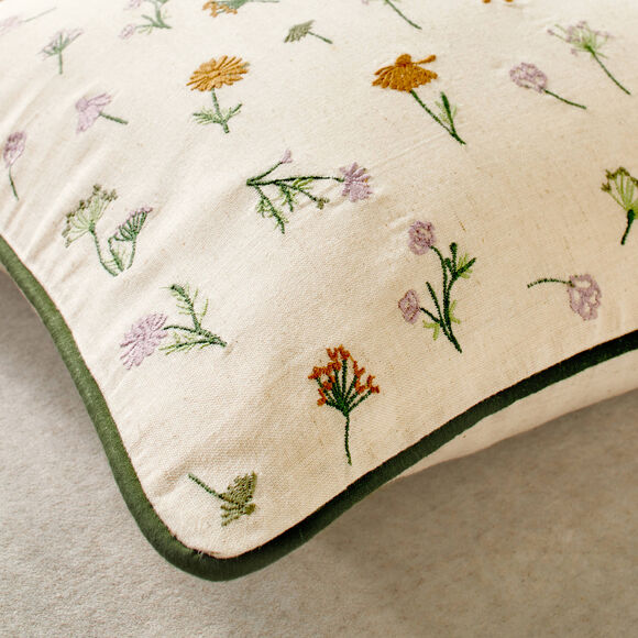 Coussin coton lin broderie fleurie (vert / parme)